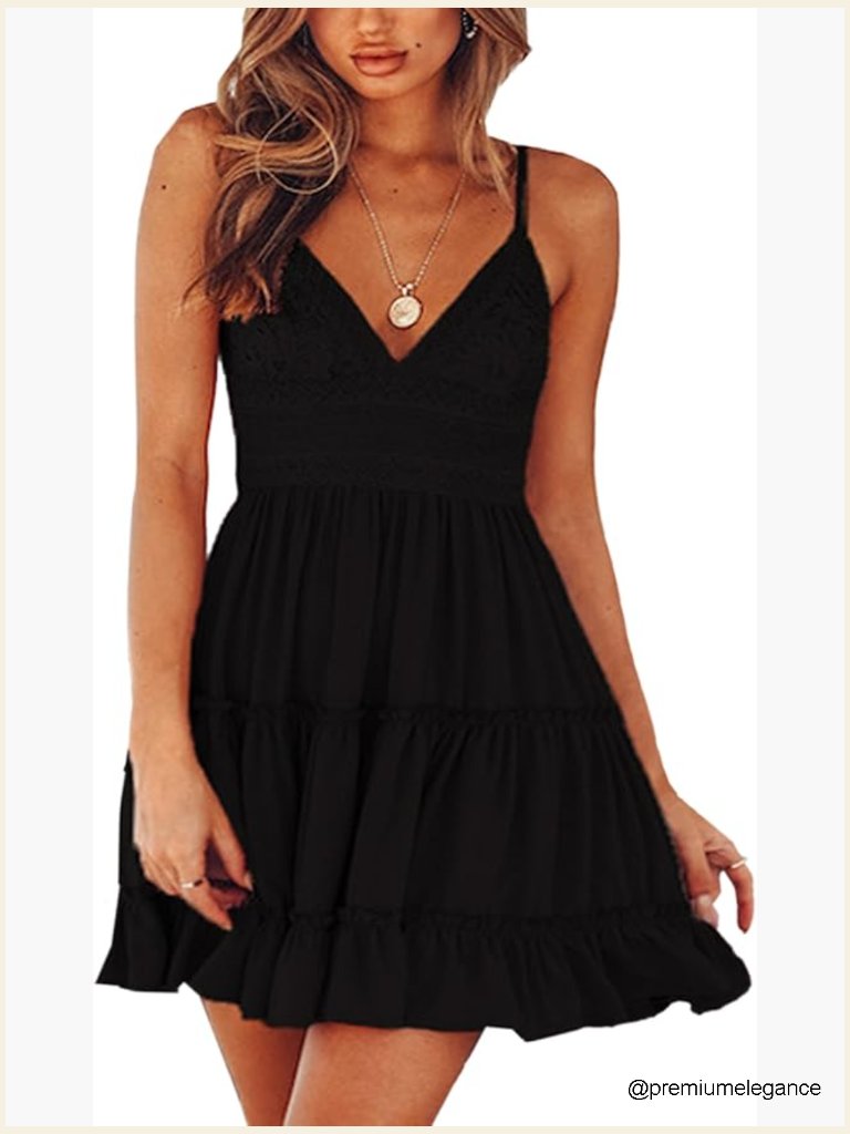 V-Neck Spaghetti Strap Backless Lace Mini Dress A-Line Summer Casual